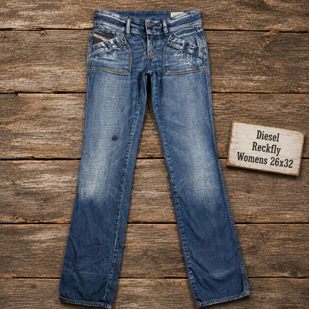 Diesel Reckfly Womens Jeans 26x32 Blue Distressed Low Rise Slim Bootcut 0089P